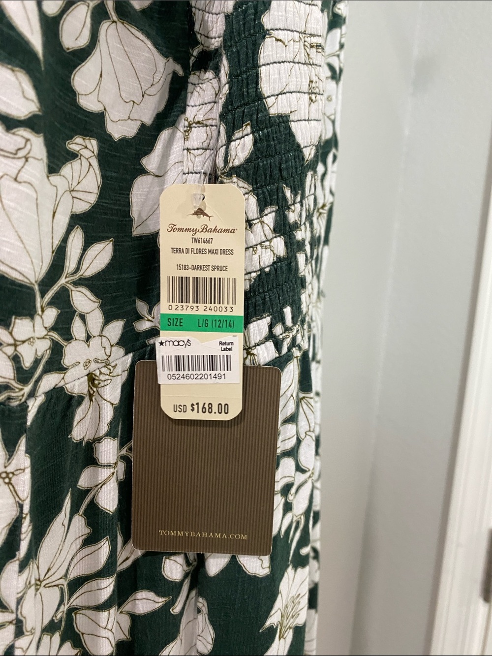 Tommy Bahama Dark Green and White Floral Maxi Dress L60 pp19-24 retail $168 NWT - Picture 3 of 6